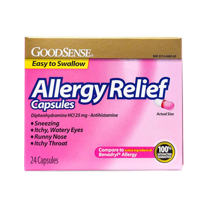 Picture of Allergy relief capsules 24 ct.  Diphenhydramine HCL 25mg
